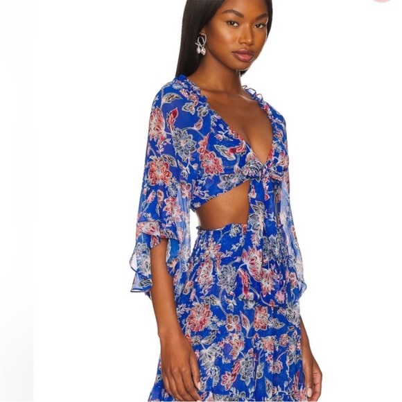 NWT MISA Los Angeles Ancora Blue Floral Chiffon Tie Front Cropped Top Reg. $275 - Picture 2 of 11